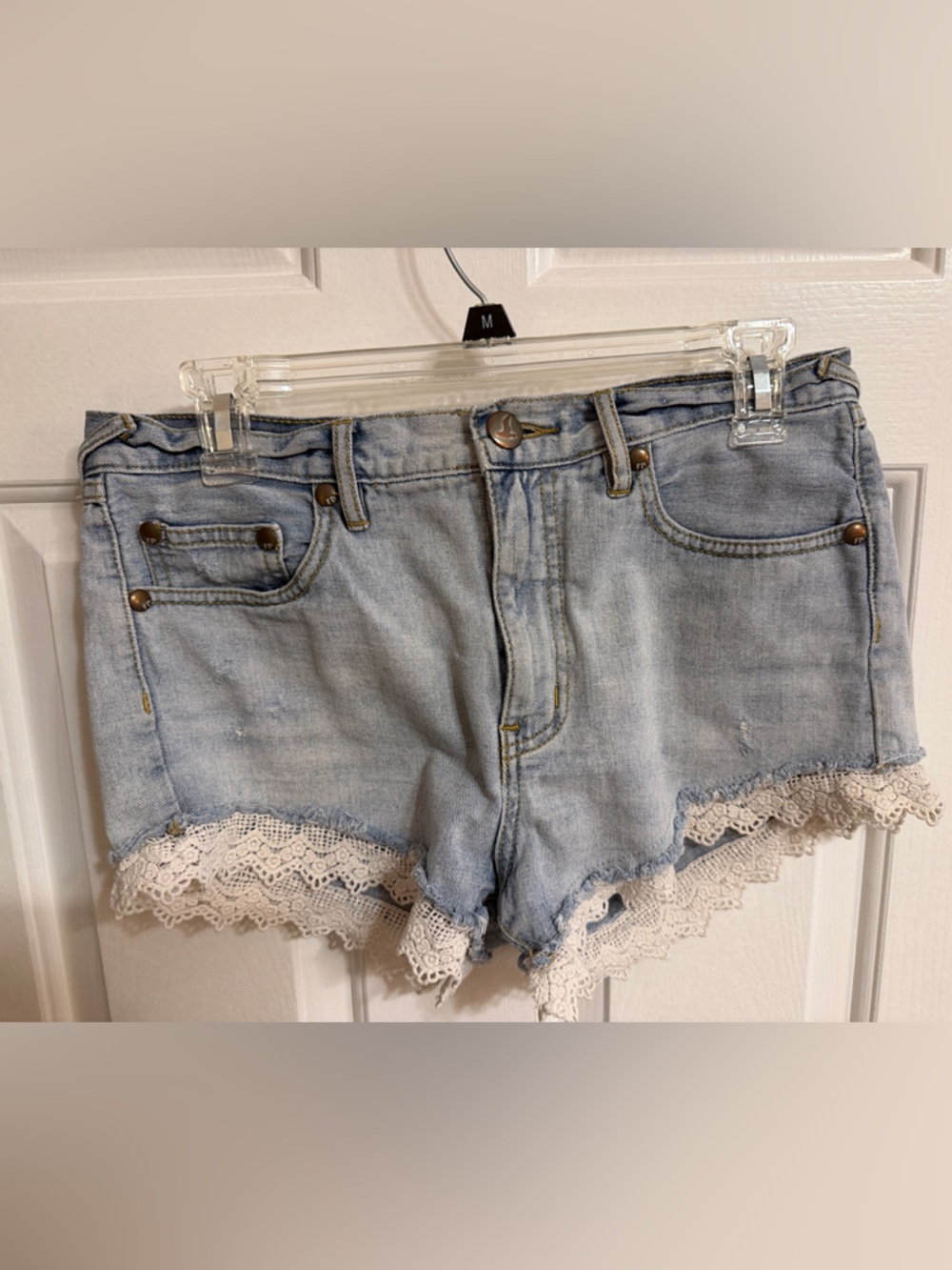 Free People Light Blue Lace Trim Denim Shorts - Women's Size 28